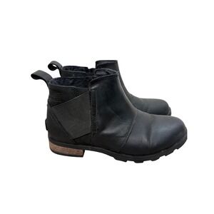 Sorel Emelie Chelsea Waterproof Black Leather Ankle Boots Womens 6.5